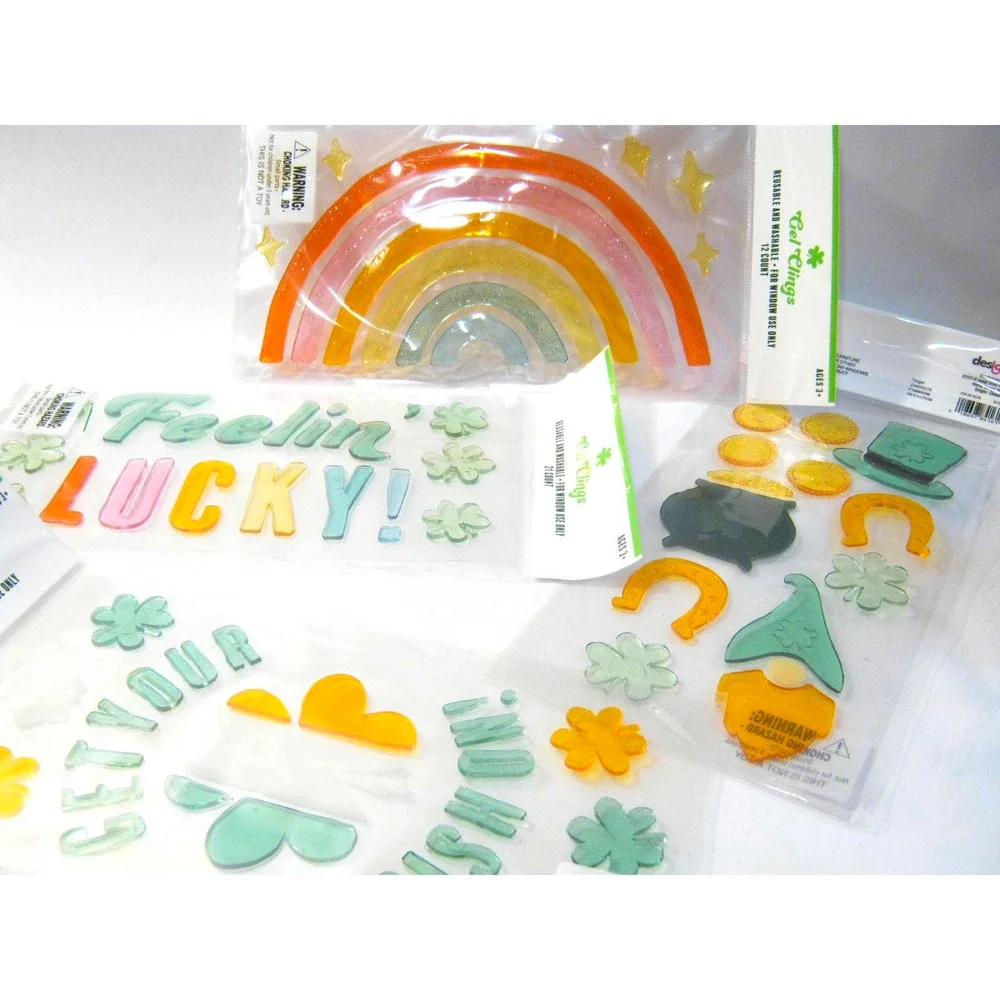 4 Packages St Patricks Day Shamrock Rainbow Gold Coins Horseshoe Window Clings